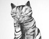 Whimsical cat art mean kitty  wall art Original pen and ink drawing He would bring us gifts