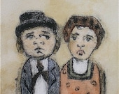 Quirky and whimsical original drypoint print with watercolor Farm Couple