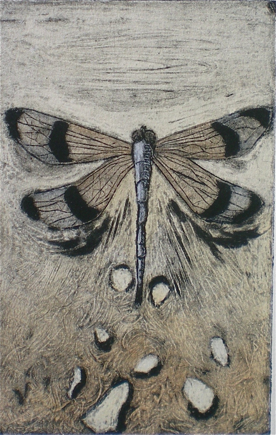 Original wall art hand pulled collograph print Dragonfly