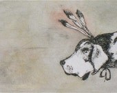 Quirky and whimsical hound dog art feathers  taupe Original hand - pulled drypoint print with watercolor