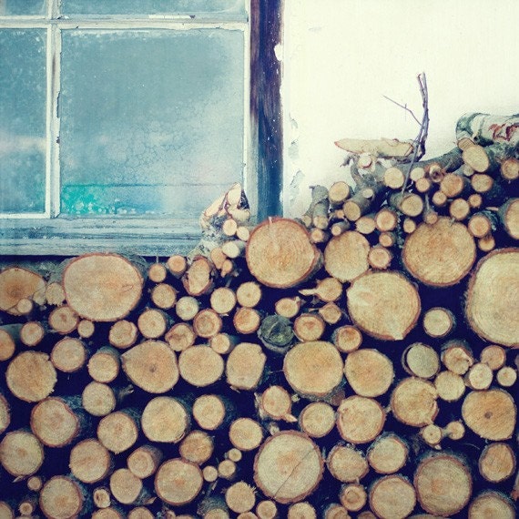 5x5 forest log photo for home decoration, Winter Wonderland, wood pile, old farm window, blue, gifts under 20