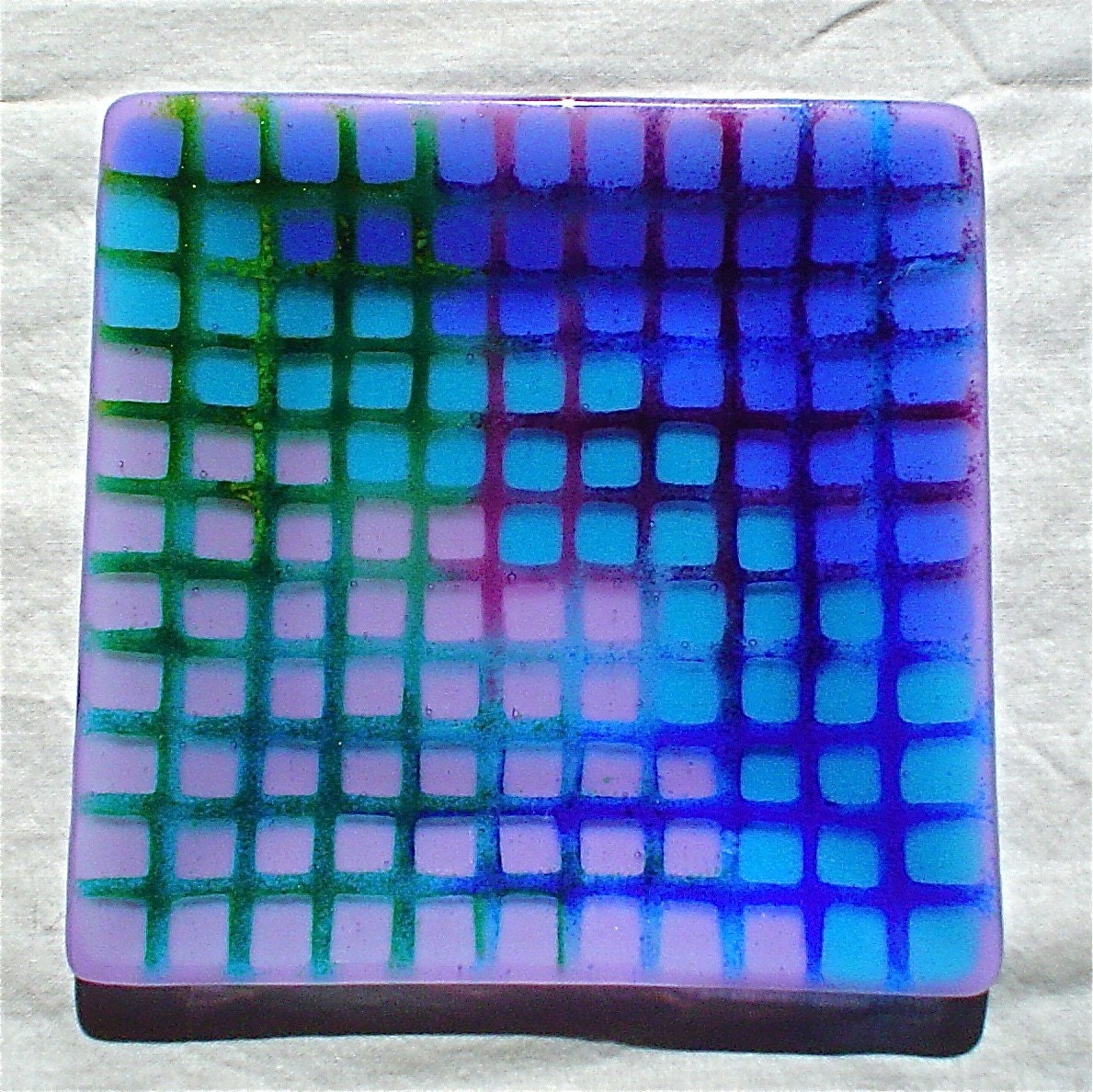 Fused Glass, Square, Blue, Green, Purple, Matrix Plate, 9 inches, home decor by colorolight on Etsy