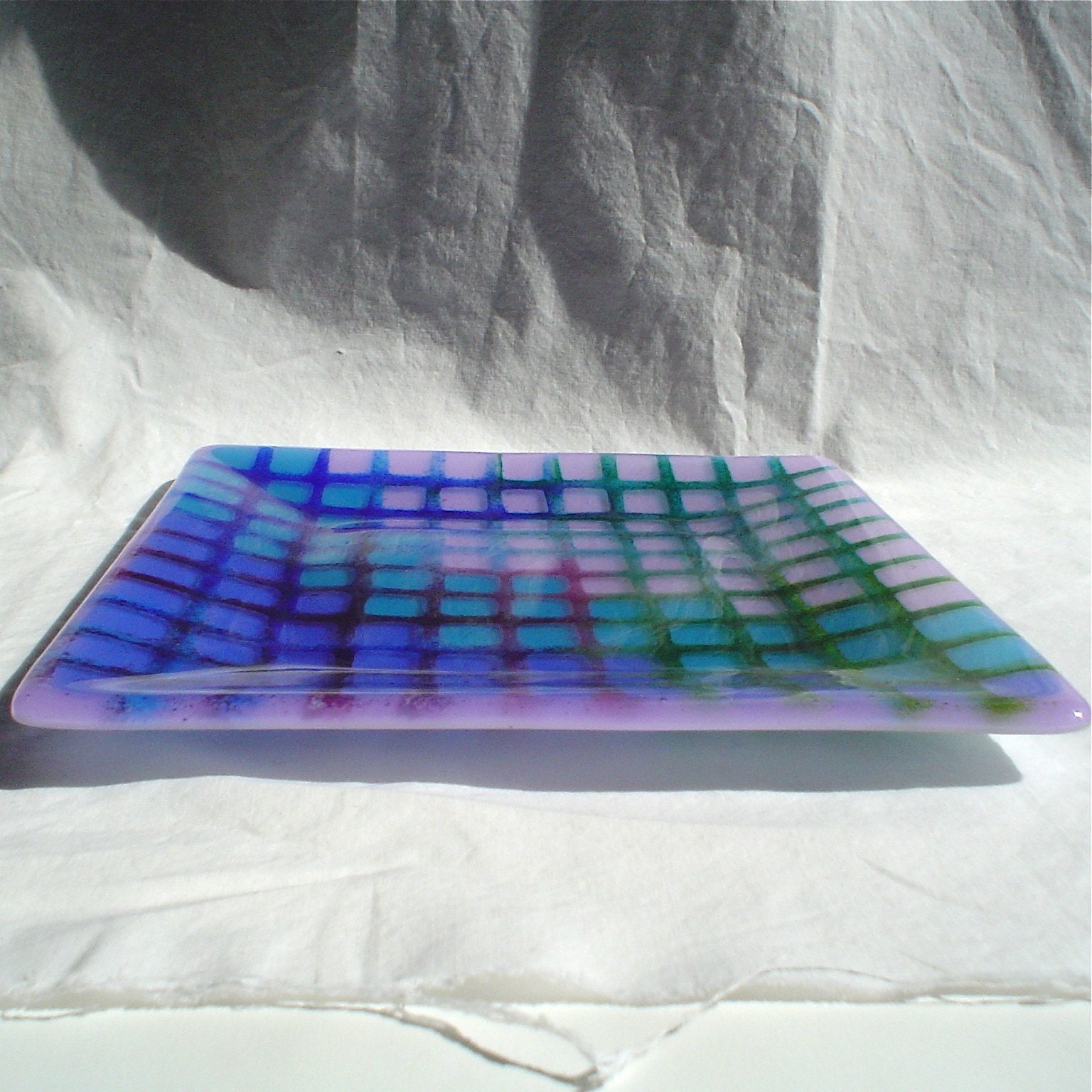 Fused Glass, Square, Blue, Green, Purple, Matrix Plate, 9 inches, home decor by colorolight on Etsy