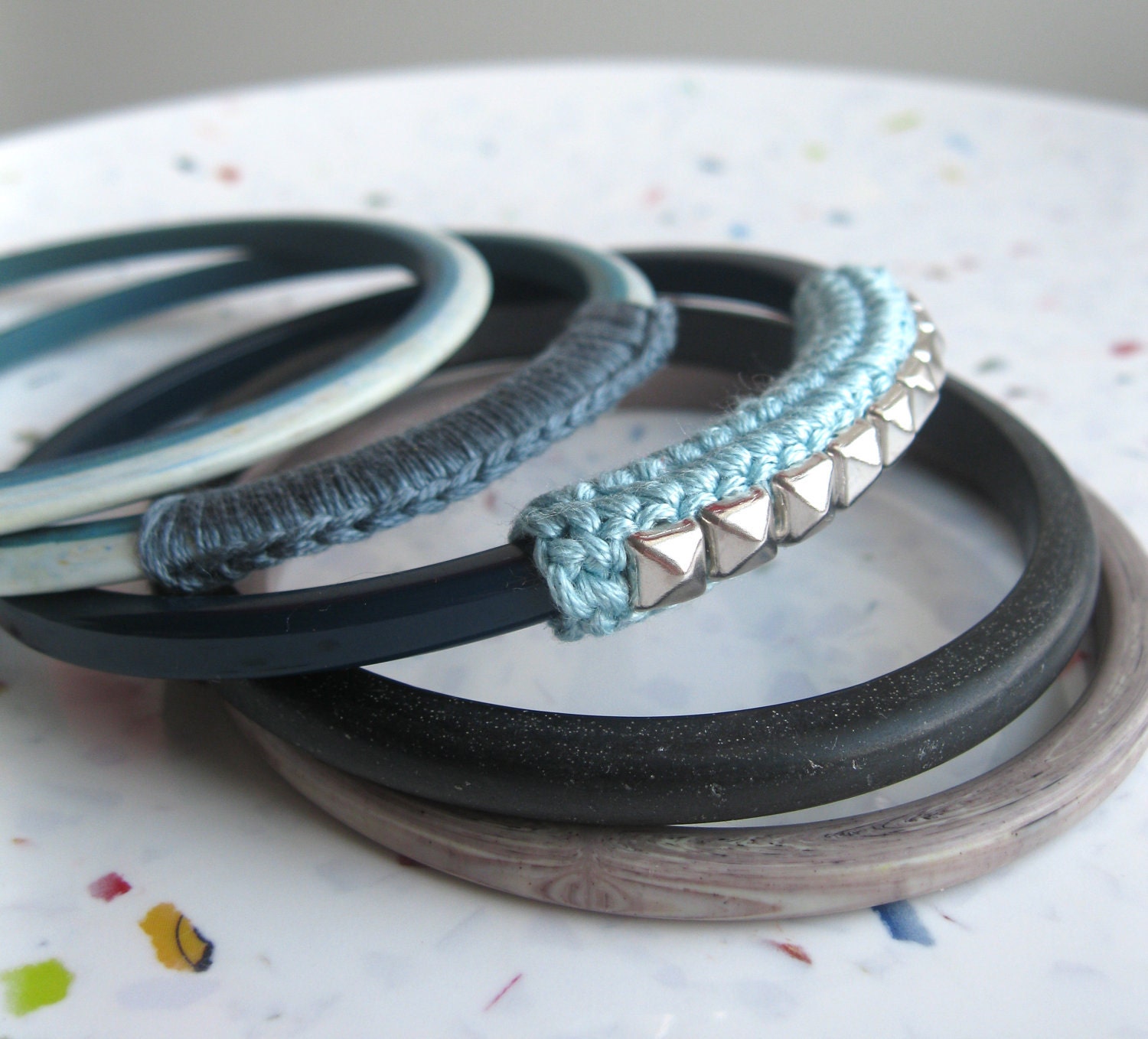 Vintage Lucite Bangle Set--Turquoise and Gray