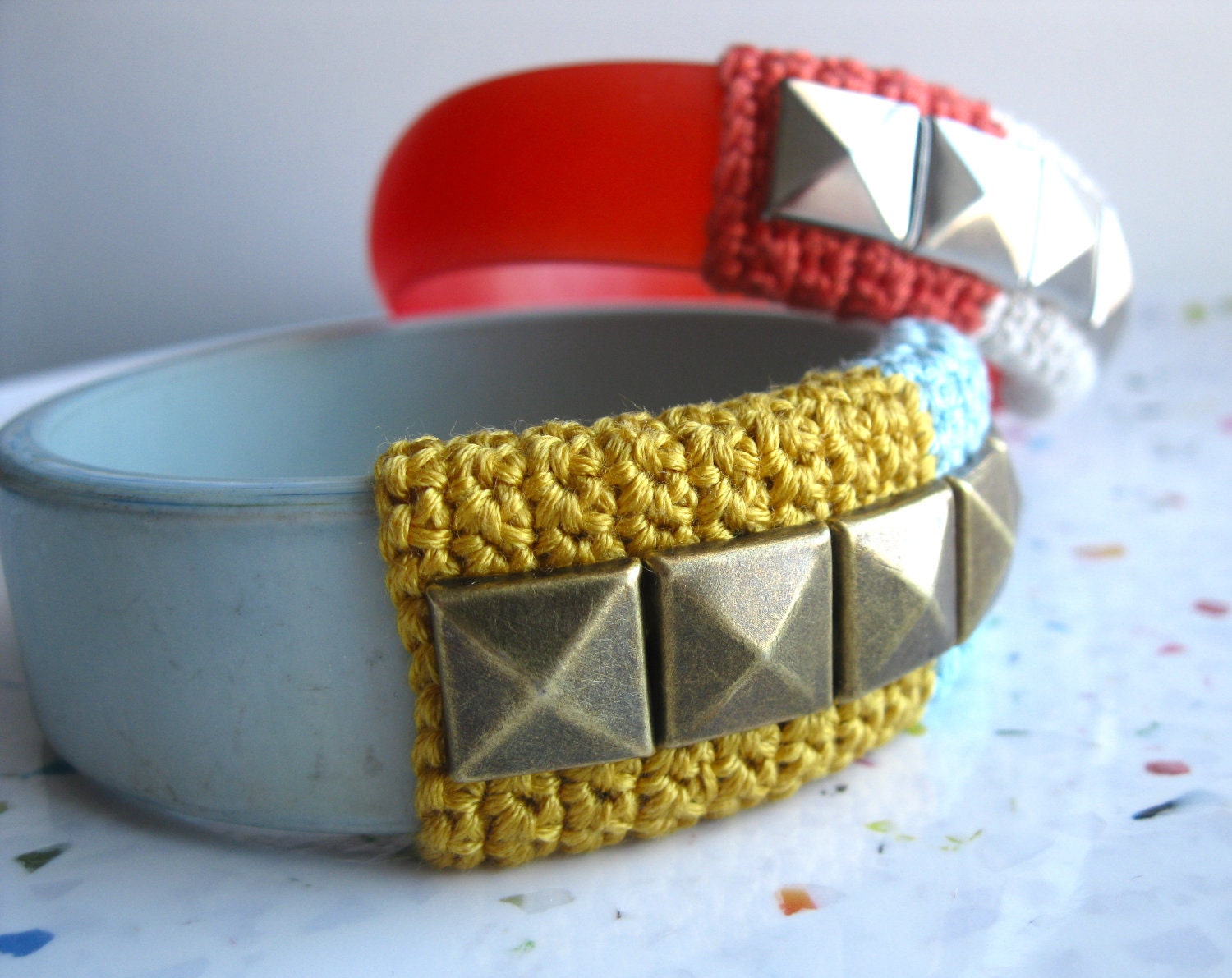 Studded Vintage Lucite Bangle--Pale Aqua and Golden Yellow