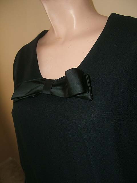 1960s Shift Mini Dress by Beeline Fashions, Inc. Black Satin Bow Trim. Bust 40 Day or Evening.