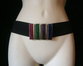 1970s 1980s Color Block Gem Color Cinch Elastic Stretch Belt with Glitter. Metallic Gold Tone  Disco. Black. M L 27 through 31 inches.