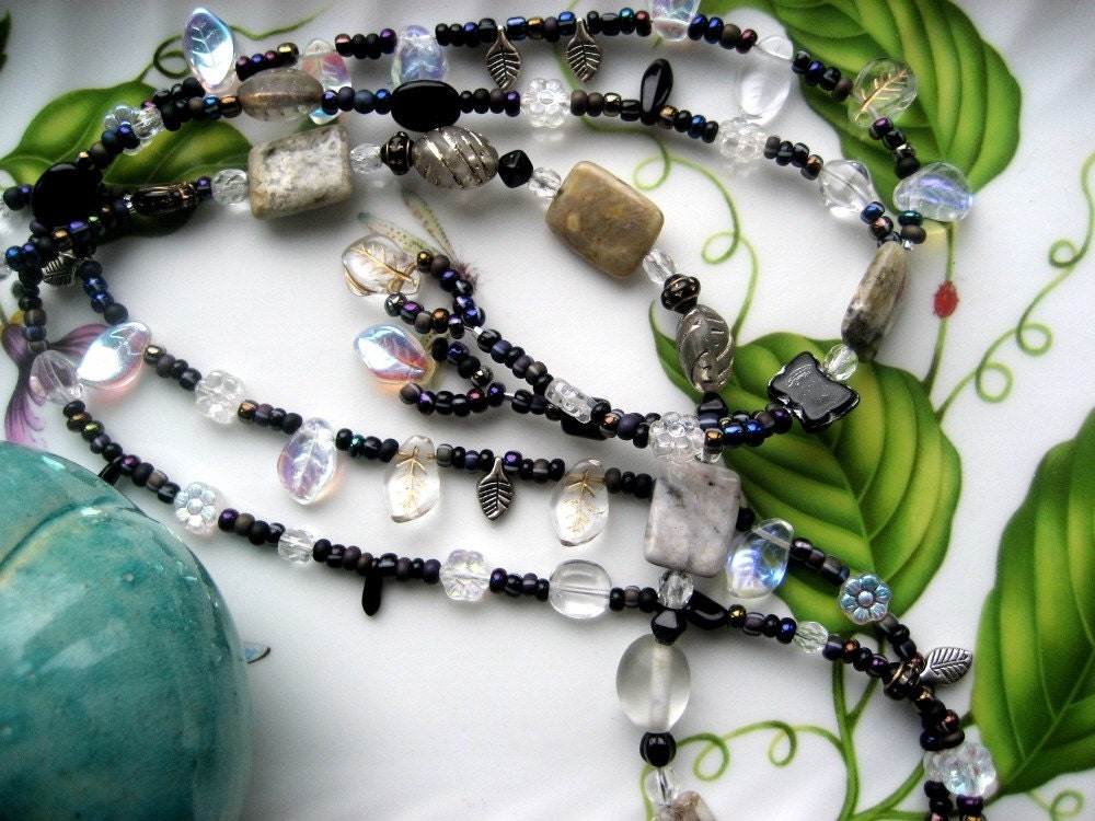 Long Lariat Necklace - Semi Precious Ocean Jasper, Sparkling Glass Seed Beads  One of a Kind