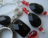 Sparkly Bracelet and Dangly Earrings Set -Faceted Black Glass Beads Red Teardrops Silver Swirls