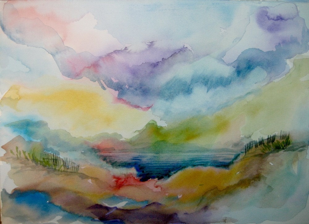 Original Watercolor Painting - Abstract 11x14 - Beach at Dusk