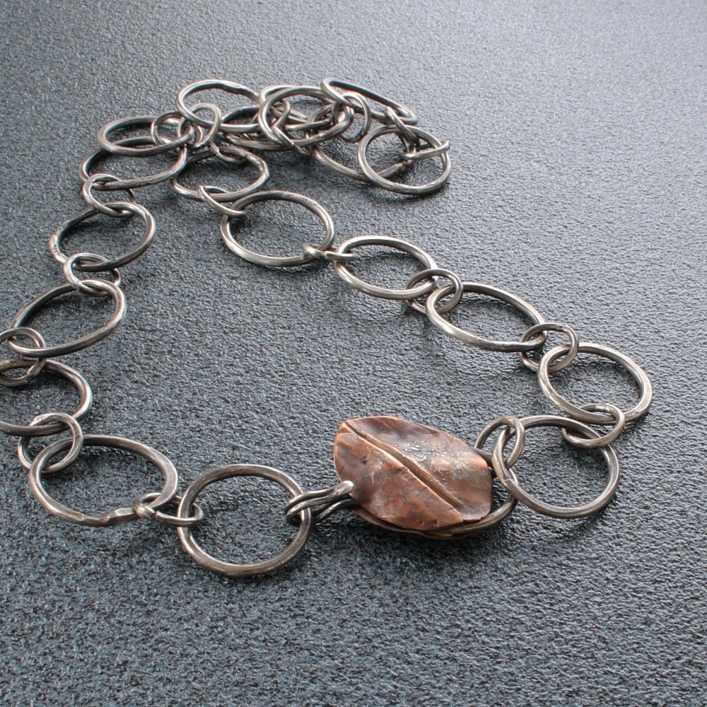 Handmade Sterling Chain Necklace with Fold Formed Copper Leaf Clasp made to order