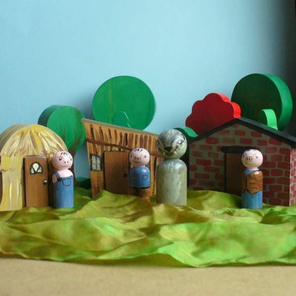 Handmade Wooden Toy - Wooden Peg Doll Fairytale Set,  Three Little Pigs Playset / Waldorf Toys