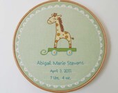 DIY Birth Record, Hand Embroidery Fabric Panel for DIY baby gifts, Gender Neutral Giraffe Design for Modern or Traditional Nursery Decor