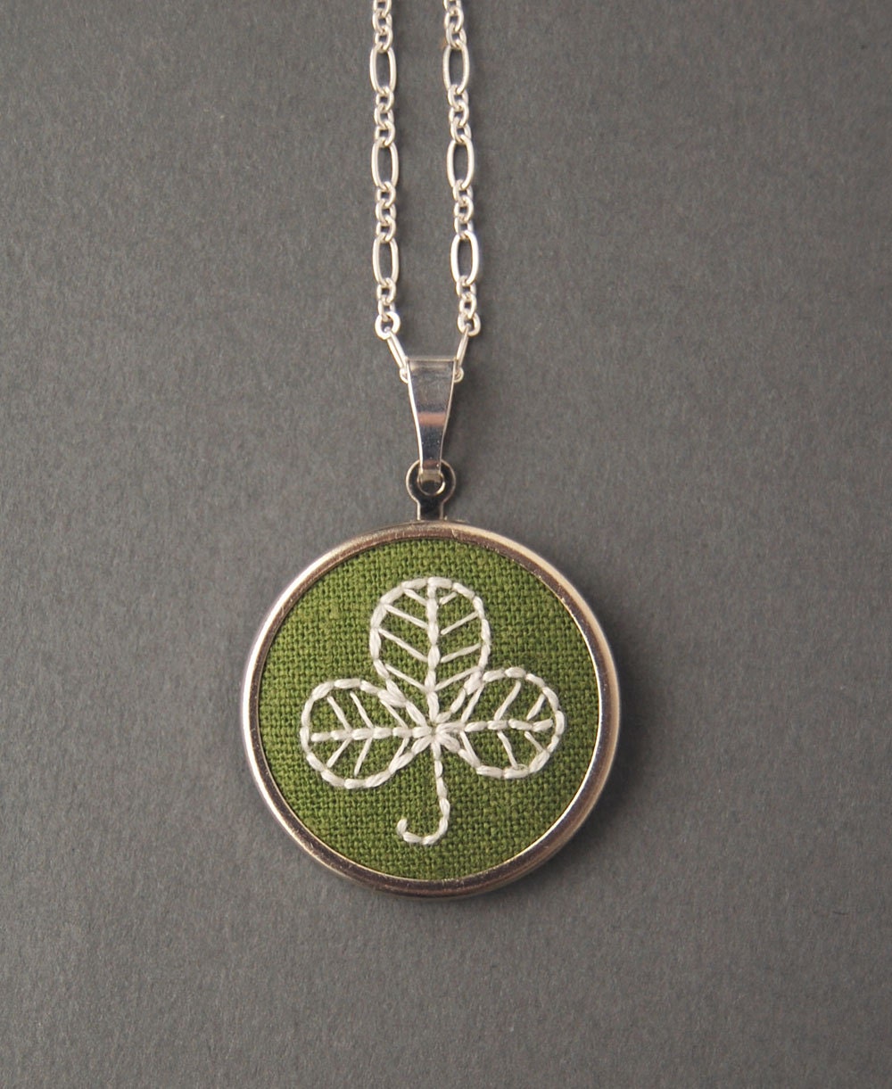 Clover Necklace Embroidered Shamrock on Moss Green Linen