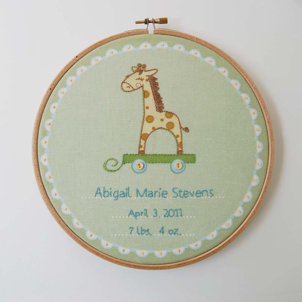 DIY Birth Record, Hand Embroidery Fabric Panel for DIY baby gifts, Gender Neutral Giraffe Design for Modern or Traditional Nursery Decor