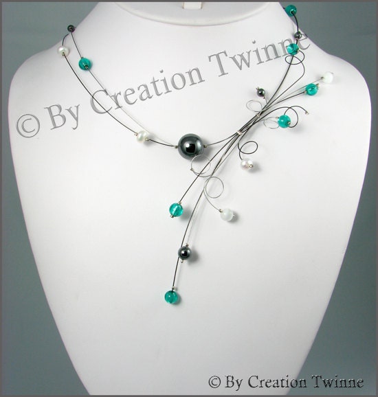 turquoise gray  swirls necklace,hematite, bridesmaids necklace, bridesmaids gifts,  delicate necklace, wedding jewelry