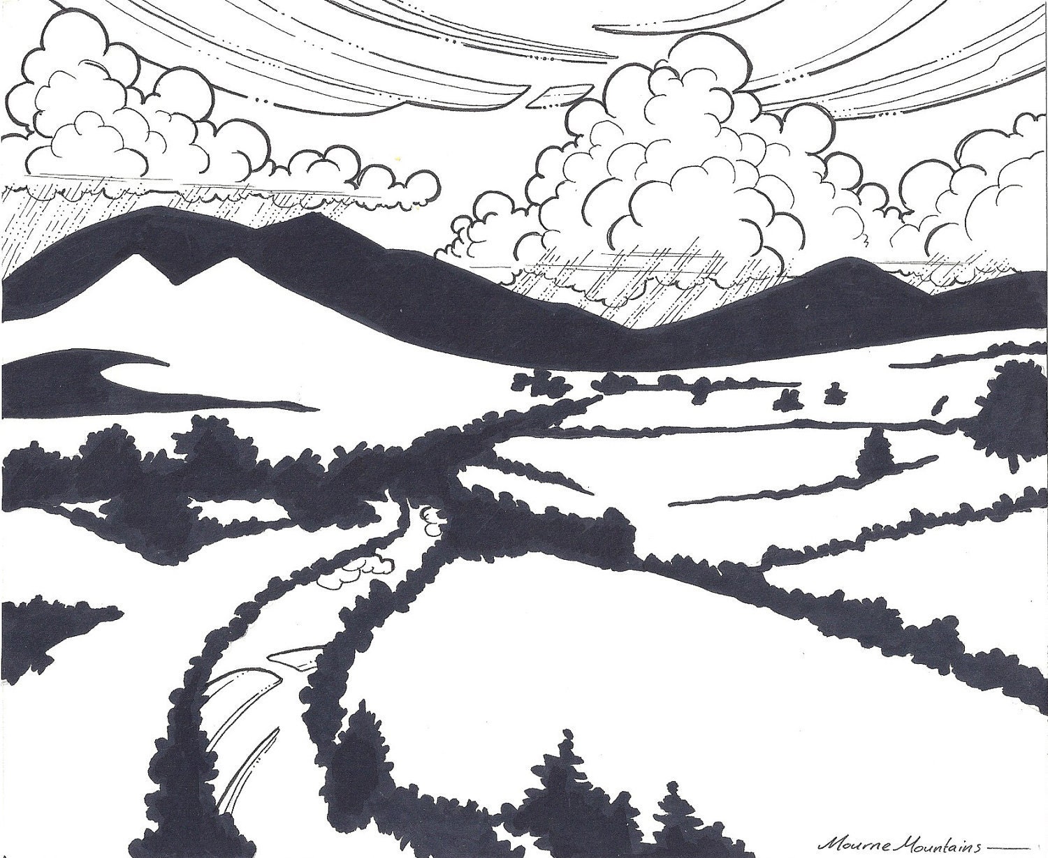 Mourne Mountains Irish Landscape pen and ink illustration