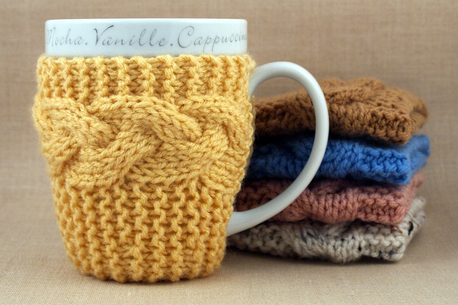 Cornmeal Hand Knit Coffee Mug Cozy Coaster