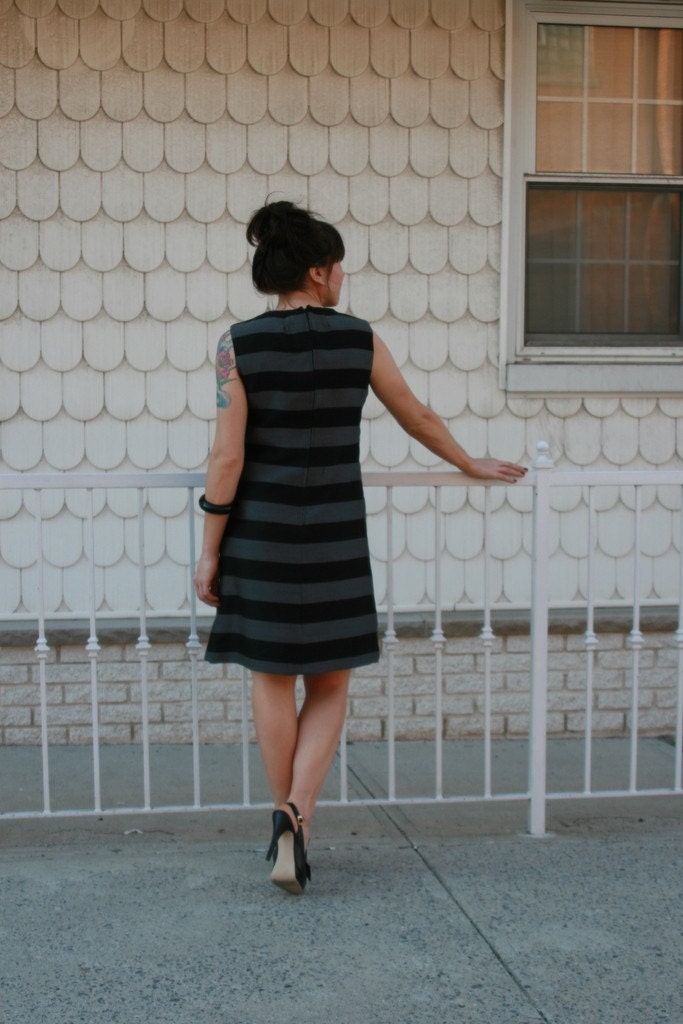 1960s black and gray STRIPED cocktail dress with bow M L