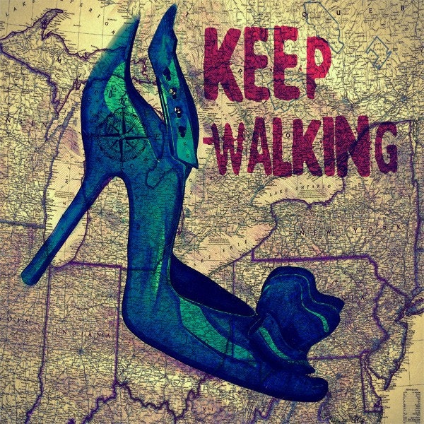 retro usa canada map blue shoe print Mixed media art wall Keep Walking - blue high heels Handmade Wall Decor giclee large print