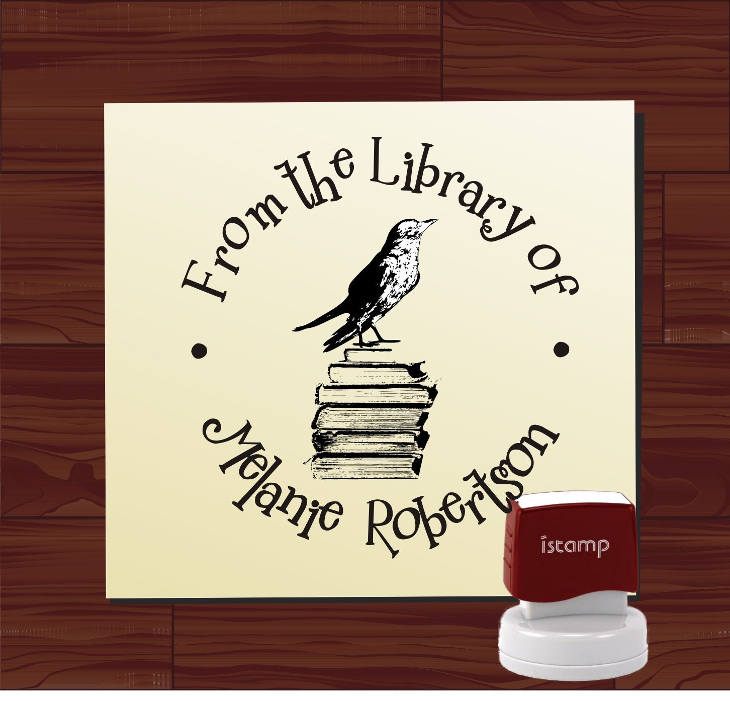Custom SELF INKING Bird on Books Ex Libris / From the Library of Custom Rubber Stamp - Personalized Library Stamper - Style 1578B