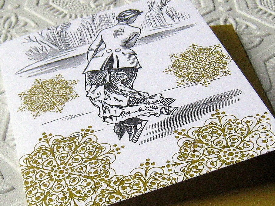 Skater Holiday Blank Note Card Grey Gold Winter Snow