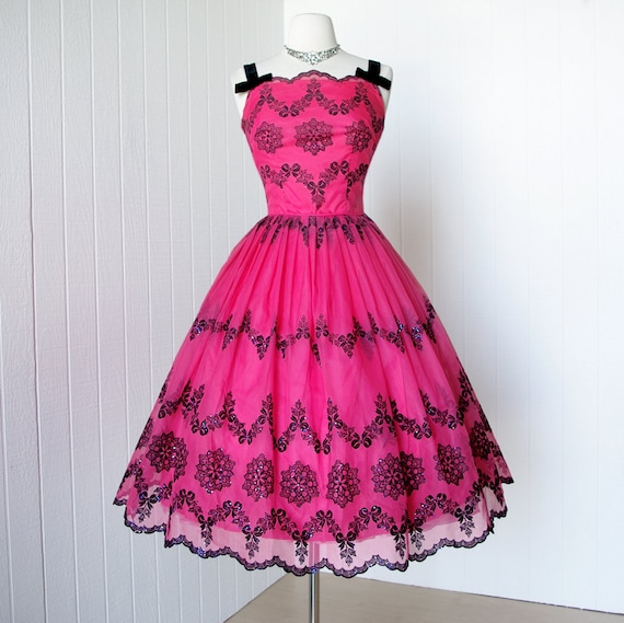 vintage 1950's dress ...exquisite FUSCIA CHIFFON with black flocked floral glitter scalloped full skirt pin-up cocktail dress
