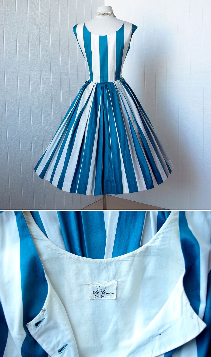 vintage 1950's dress  ...peggy hunt designer PAT PREMO polished cotton striped full skirt pin-up summer sun dress