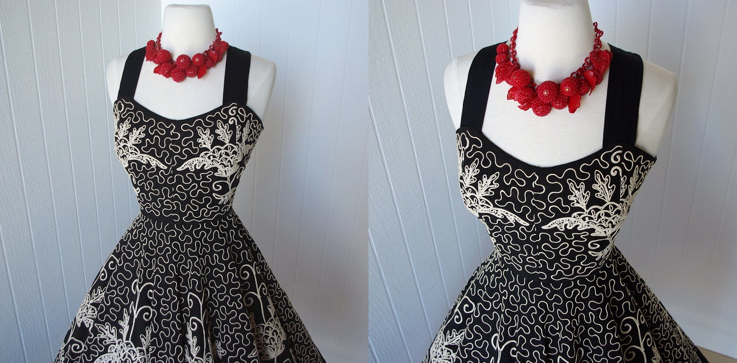 vintage 1950's dress ...amazing black cotton MEXICAN CIRCLE SKIRT full soutache pin-up dress