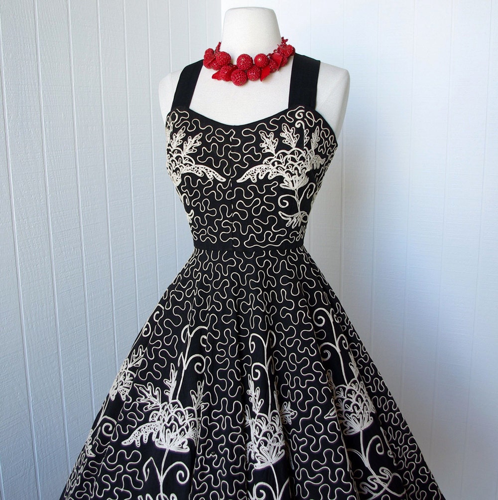 vintage 1950's dress ...amazing black cotton MEXICAN CIRCLE SKIRT full soutache pin-up dress