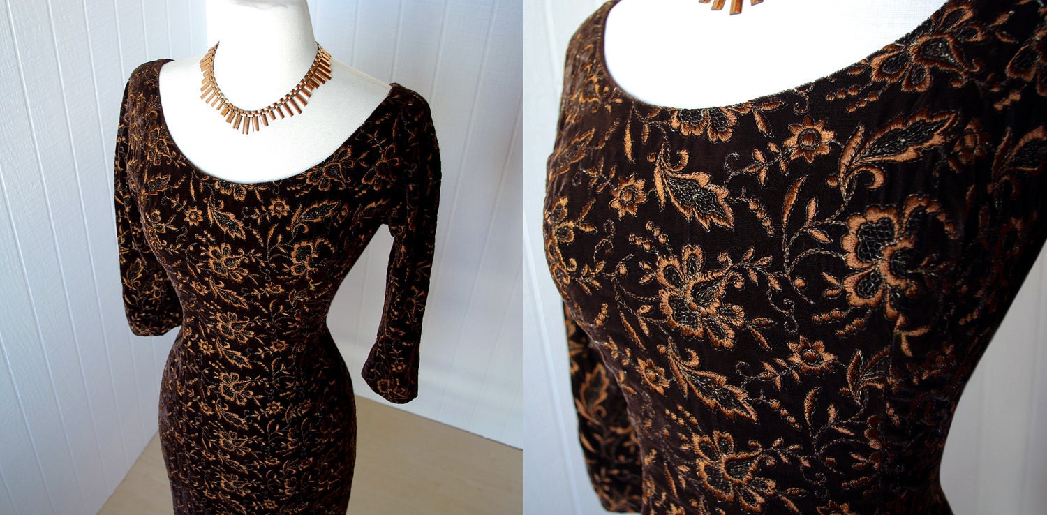 vintage 1950's dress ...vavavoom ALIX OF MIAMI metallic embroidered chocolate velvet bombshell wiggle cocktail dress