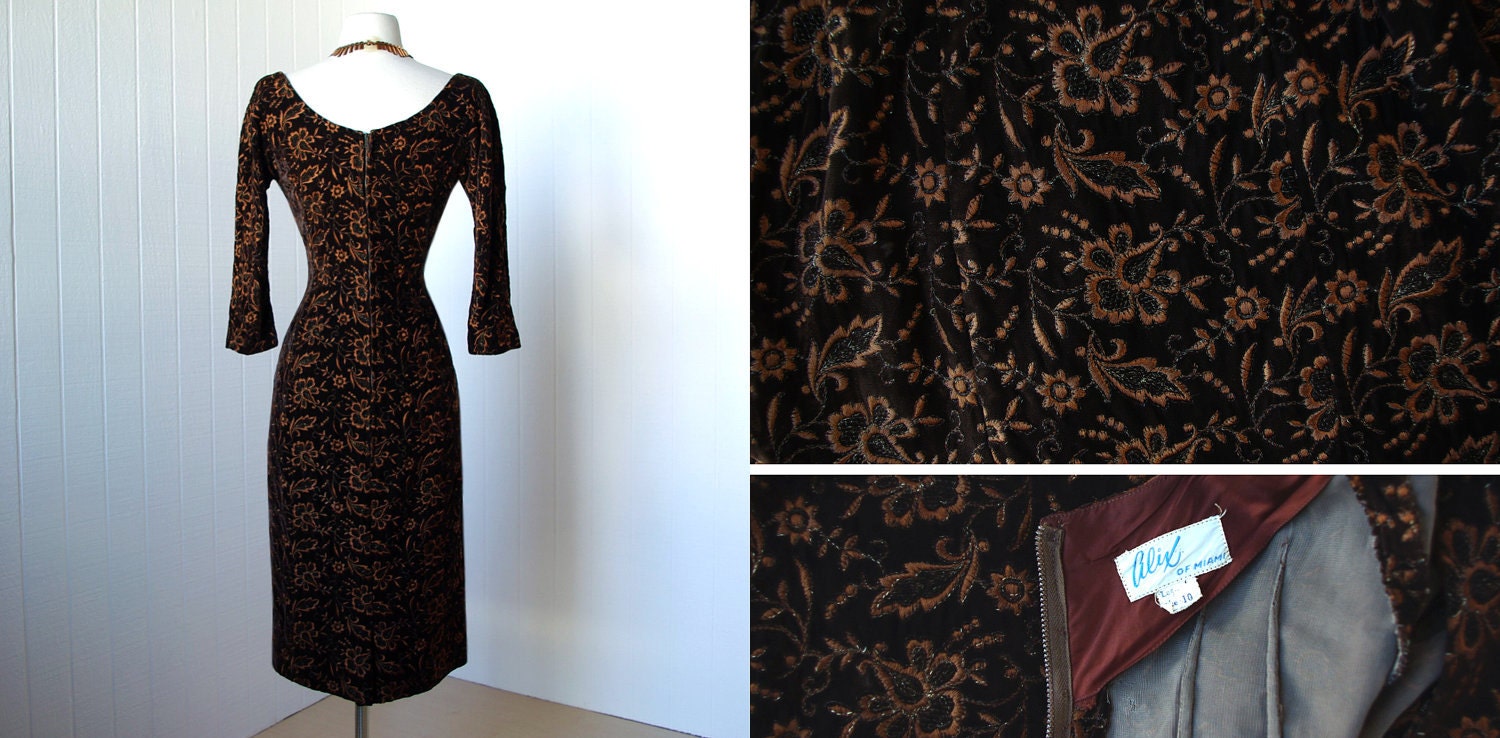 vintage 1950's dress ...vavavoom ALIX OF MIAMI metallic embroidered chocolate velvet bombshell wiggle cocktail dress