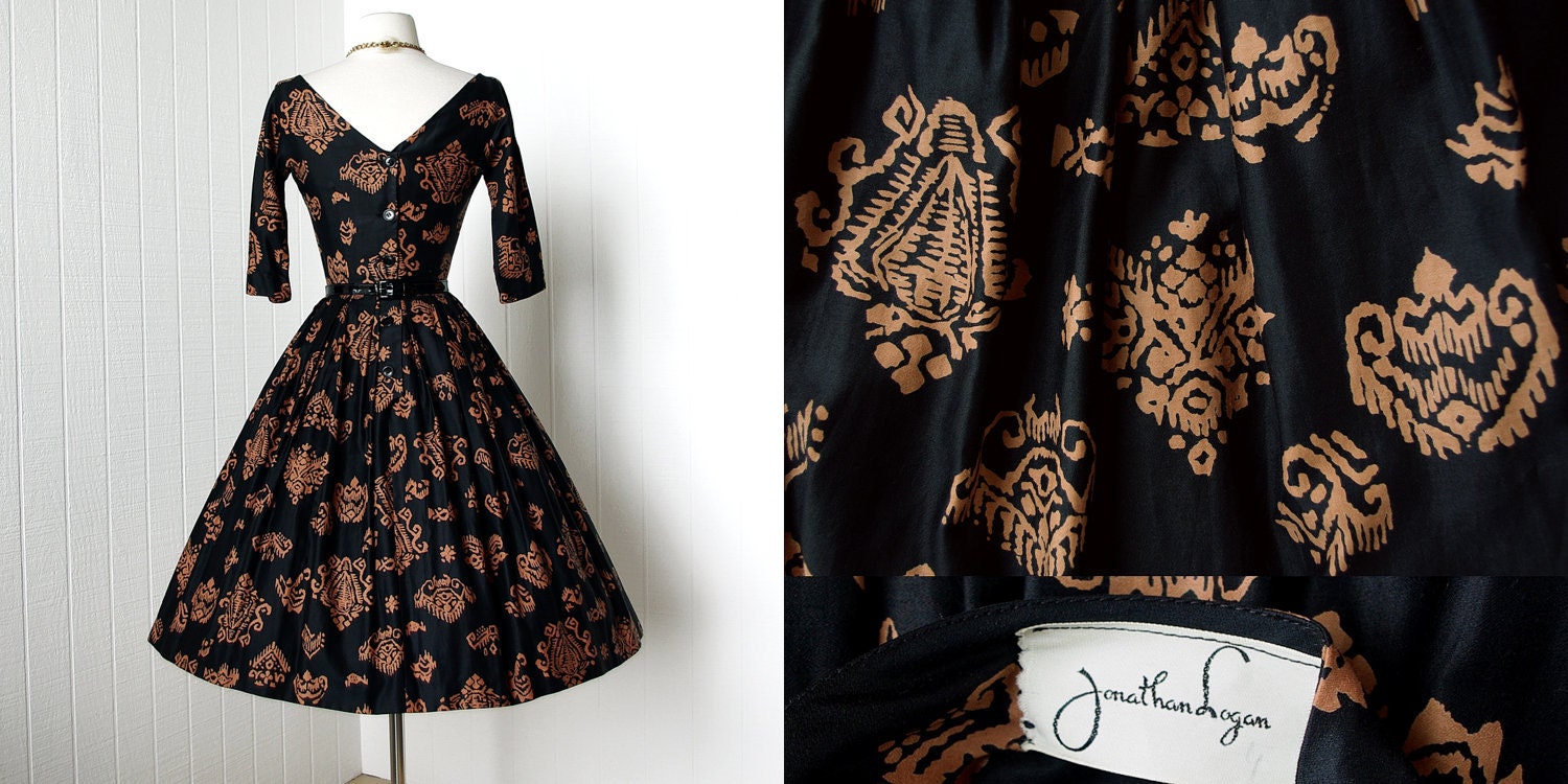 vintage 1950's dress ...fabulous JONATHAN LOGAN black and copper polished cotton mayan print full skirt pin-up cocktail party dress
