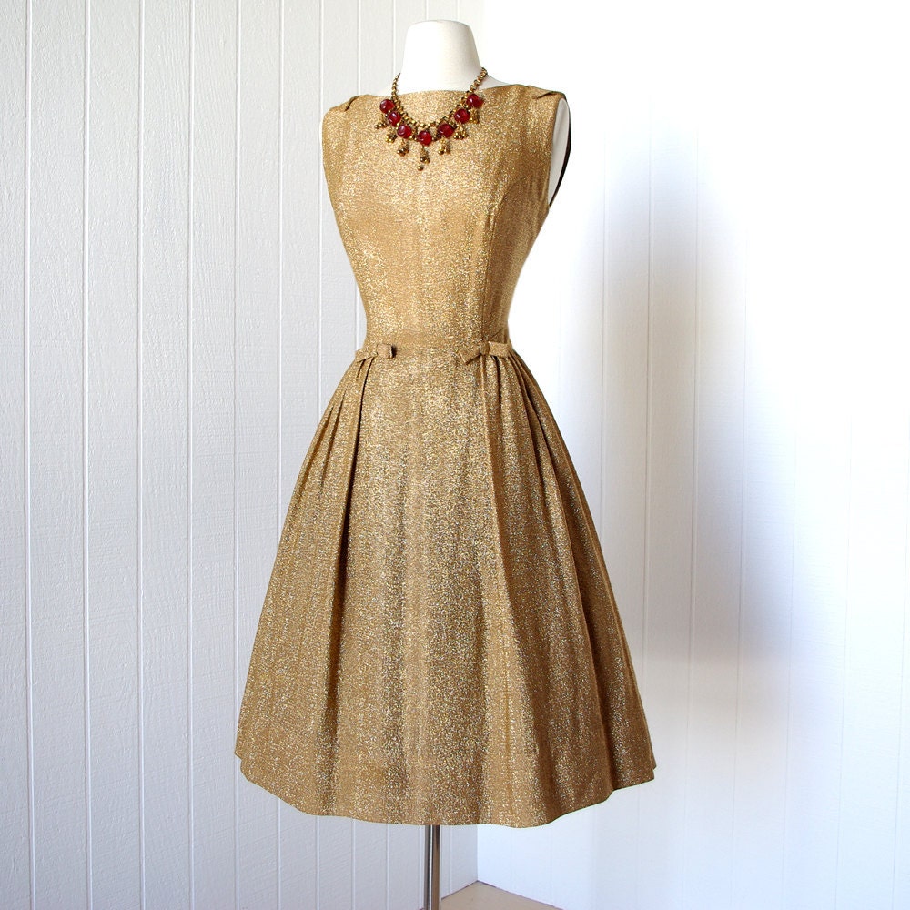 vintage 1950's dress ...shimmery R&K ORIGINAL gold lame shoulder tab full skirt bows pin-up cocktail party dress