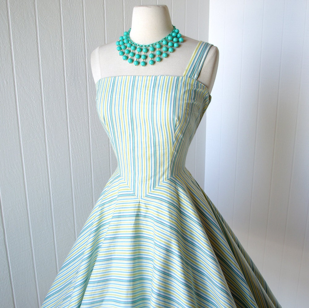 vintage 1950's dress ...best MR. MORT one shoulder asymmetrical crisp cotton striped full circle skirt pin-up party summer sun dress