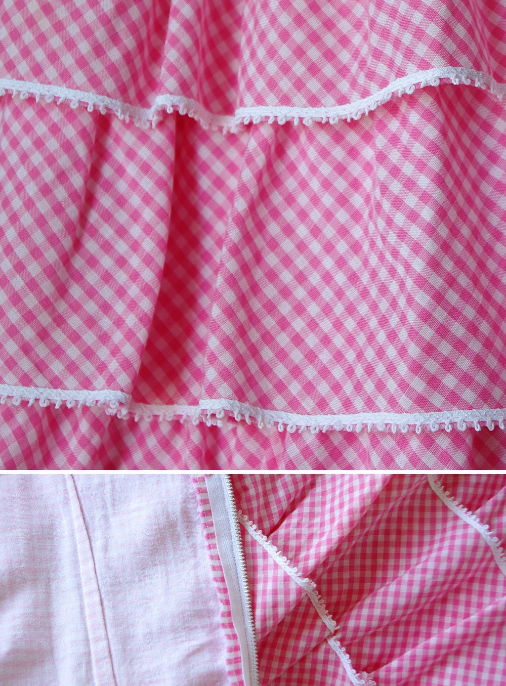 on HOLD vintage 1950's dress ... pretty in PINK GINGHAM ruffles crocheted trim full skirt pin-up party dress