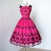 vintage 1950's dress ...exquisite FUSCIA CHIFFON with black flocked floral glitter scalloped full skirt pin-up cocktail dress