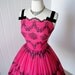 vintage 1950's dress ...exquisite FUSCIA CHIFFON with black flocked floral glitter scalloped full skirt pin-up cocktail dress