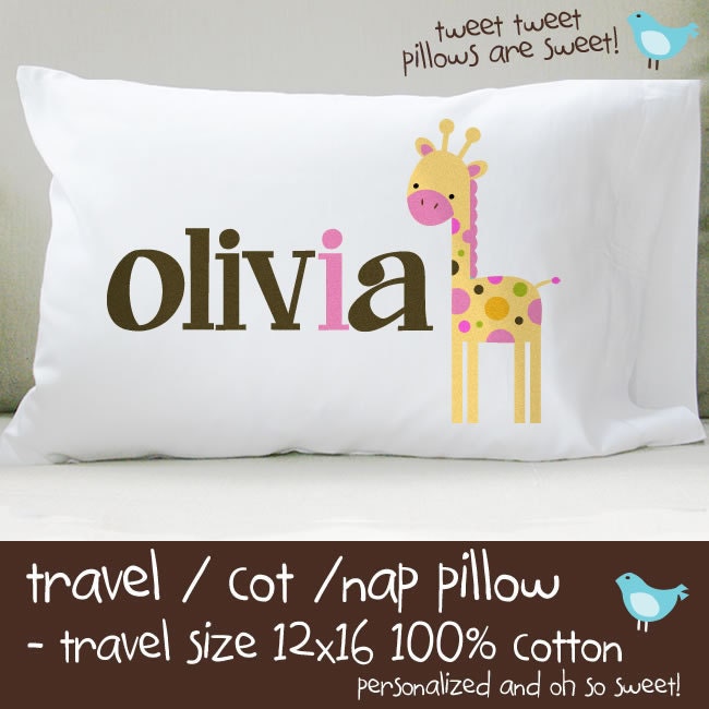 Personalized girl mod giraffe travel or toddler pillow insert and pillowcase