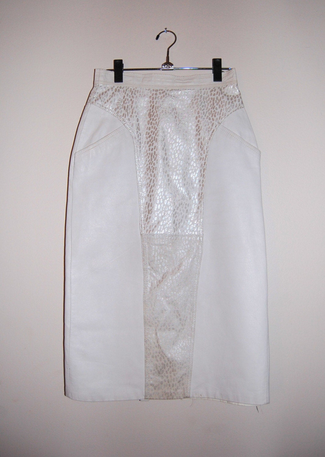 80s White Leather/Silver Maxi Pencil Skirt S/M