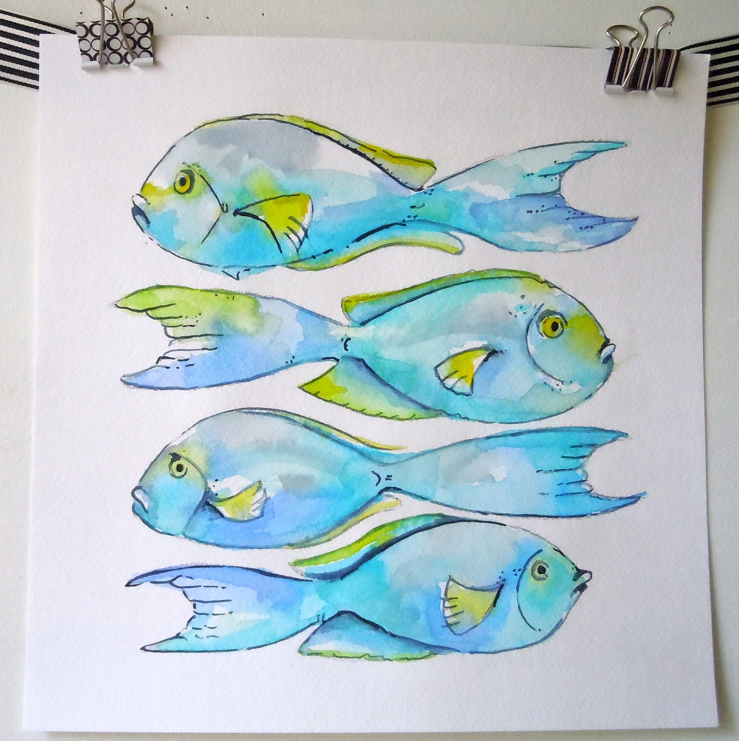 Fish - Original Watercolor Painting, Wall Decor, Beach Art, Blue, Aqua, Turquoise - 12x12
