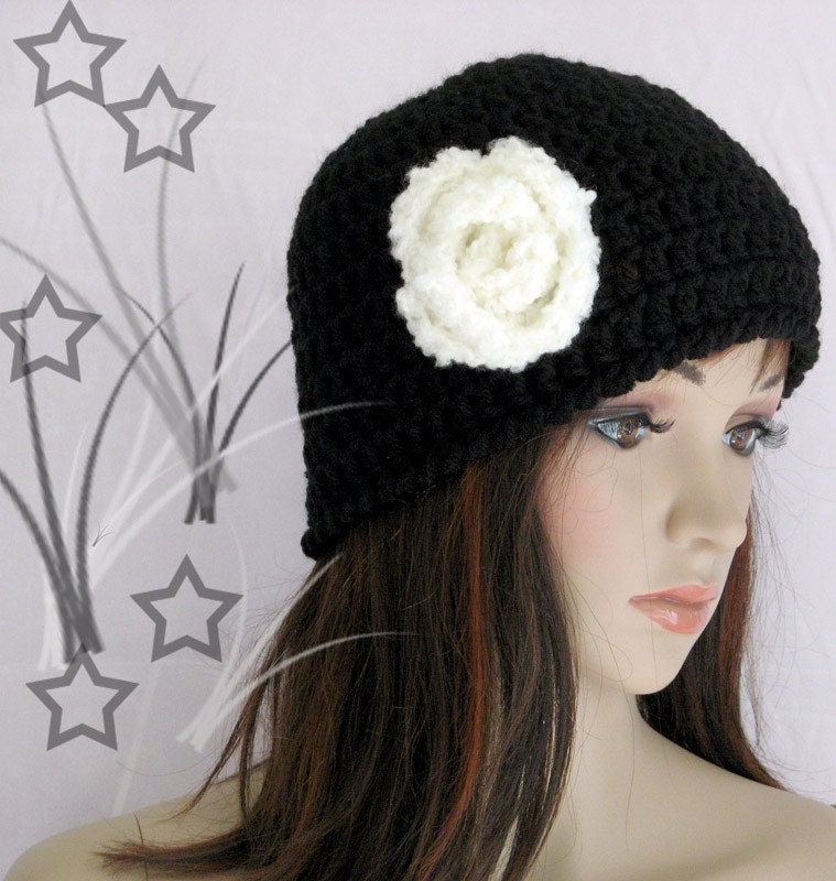 Hat - Black Cloche with White Flower