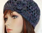 Hat - Variegated gray, blue and plum - with coordinating flower