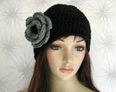 Hat - Black Cloche with Gray and Black Flower