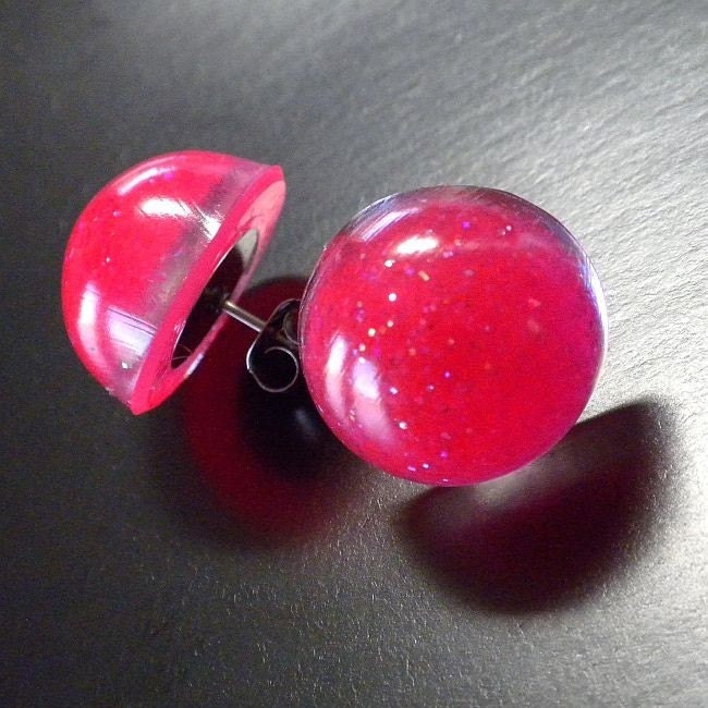 Resin Glitter Earrings  -  Dots in NEON Pink  Glitter
