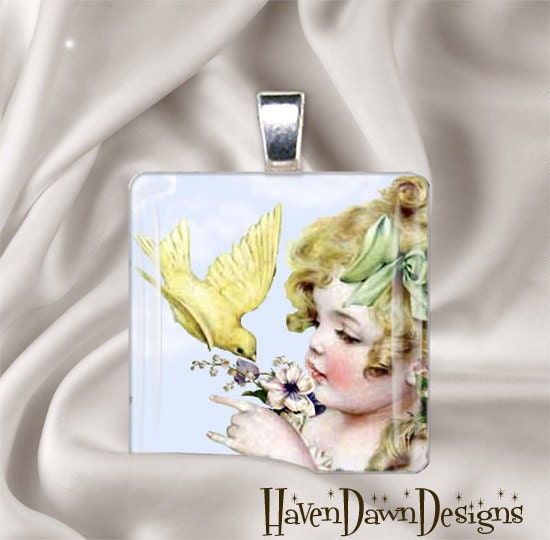 Bird and Child -Glass Tile Pendant Charm