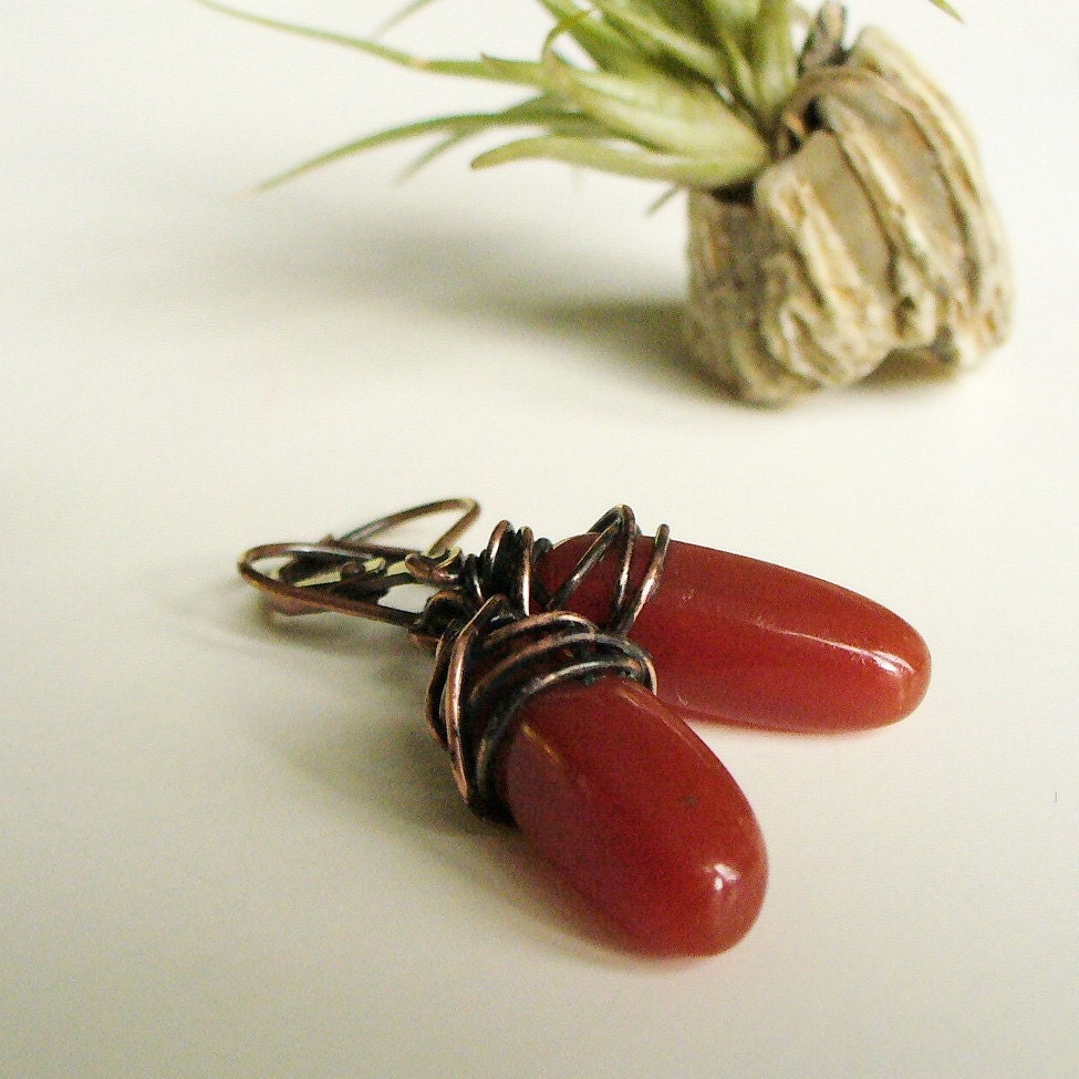 carnelian, raw stone, wire wrapped, rustic copper