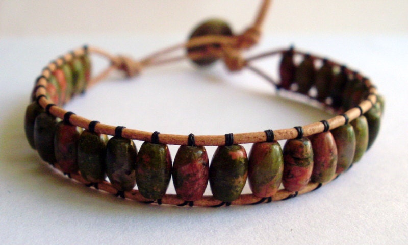 Beaded leather  wrap bracelet - tiny green salmon Unakite stone with button clasp