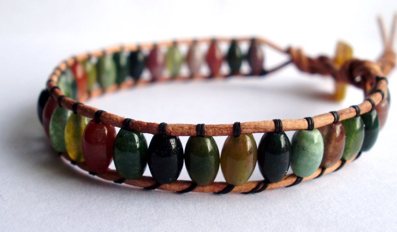 Beaded leather wrap bracelet or cuff - tiny Fancy jasper stone with button closure