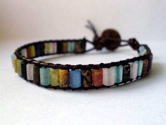 Leather wrap bracelet - tiny rainbow mixed stone with button closure